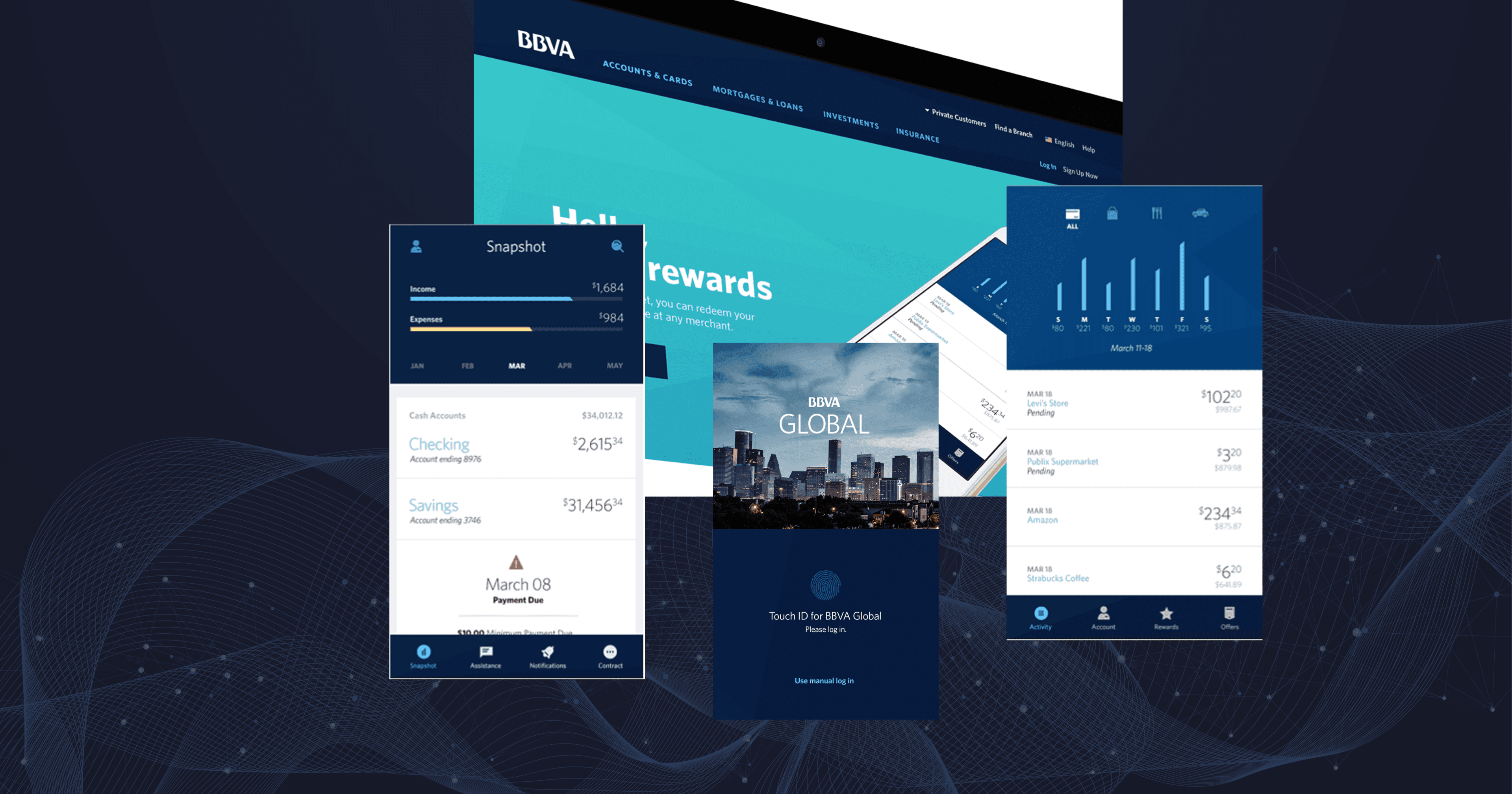 Digital banking interface showing various screens with account balances, transaction history, graphs, and a global banking access welcome page on a dark background.