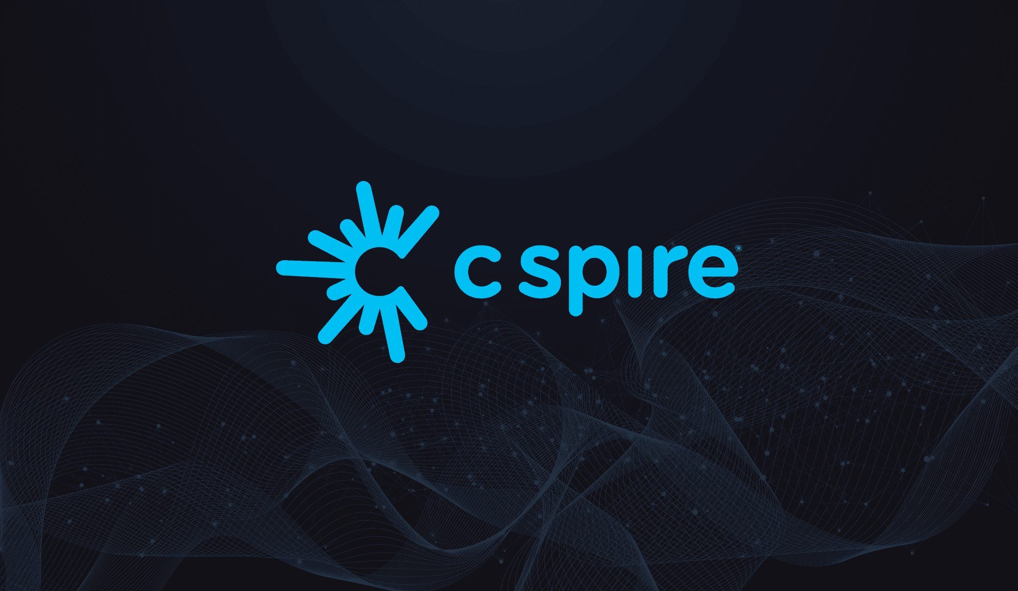 C Spire logo in blue on a dark background with abstract wave and dotted patterns.